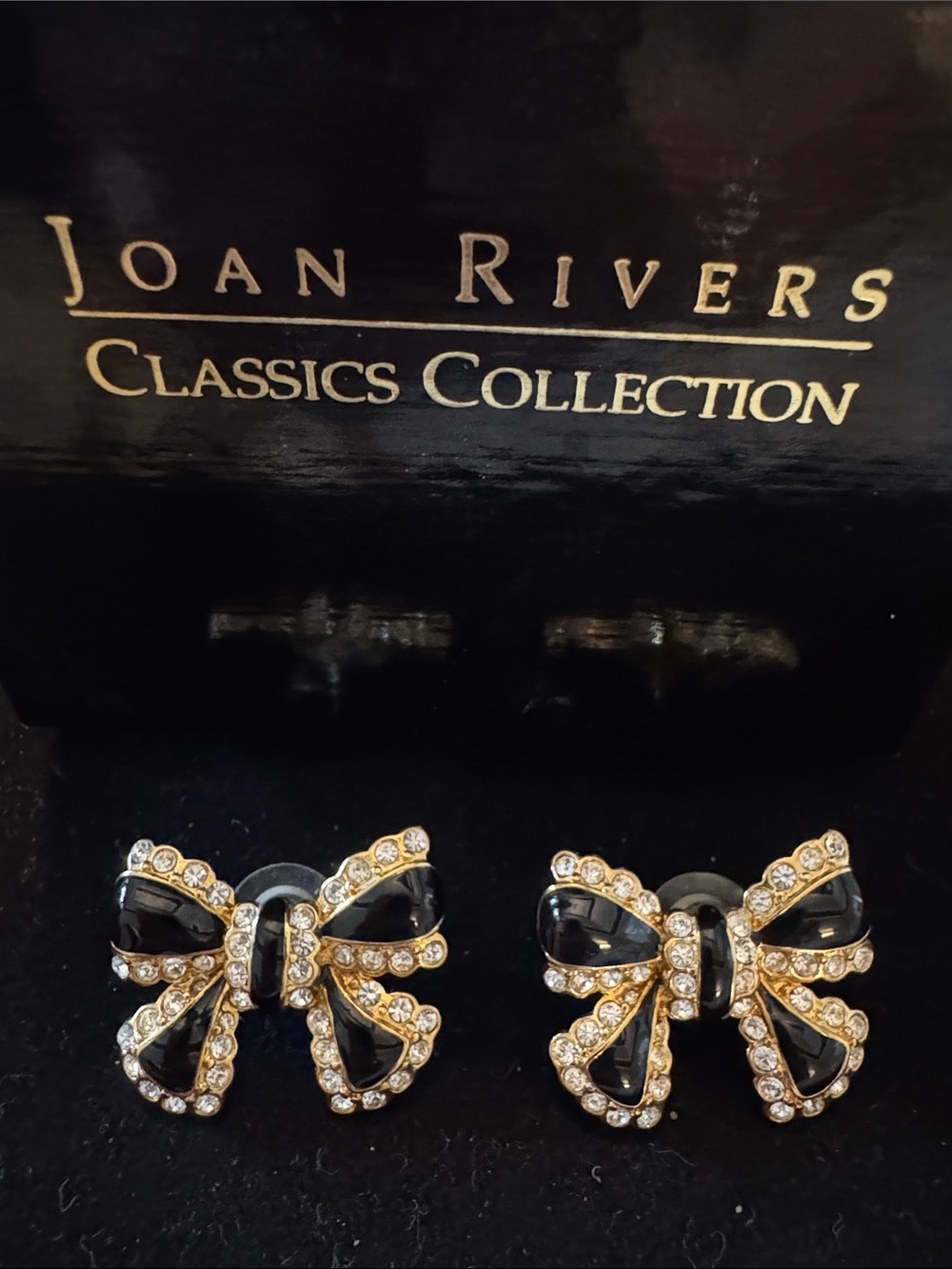 Joan Rivers Black and Gold Bow Crystal Stud Earrings